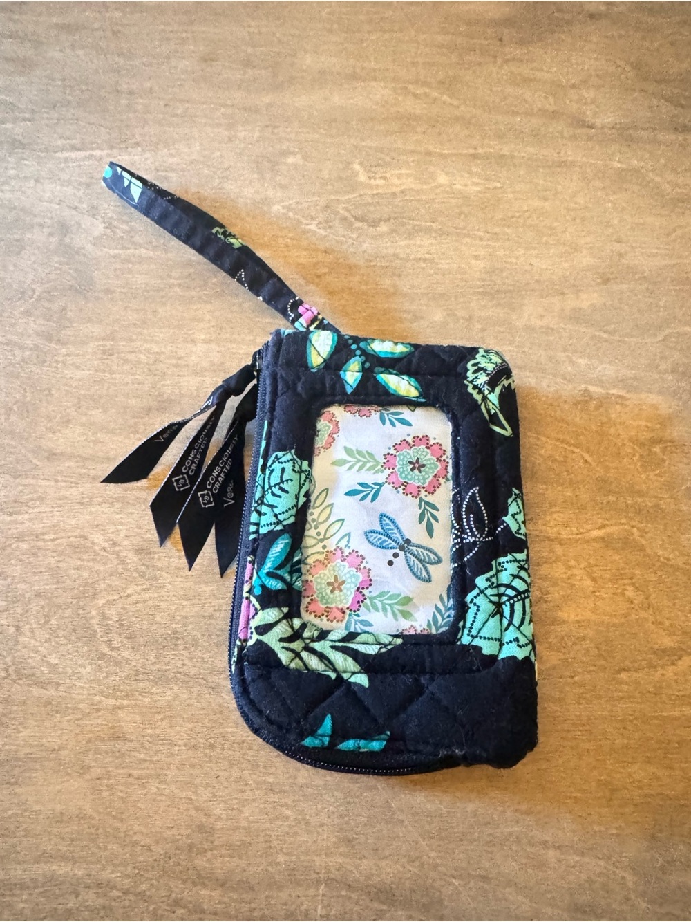 Vera Bradley Black Floral Quilted Wristlet Wallet with Aqua and Pink Accents - Picture 1 of 5